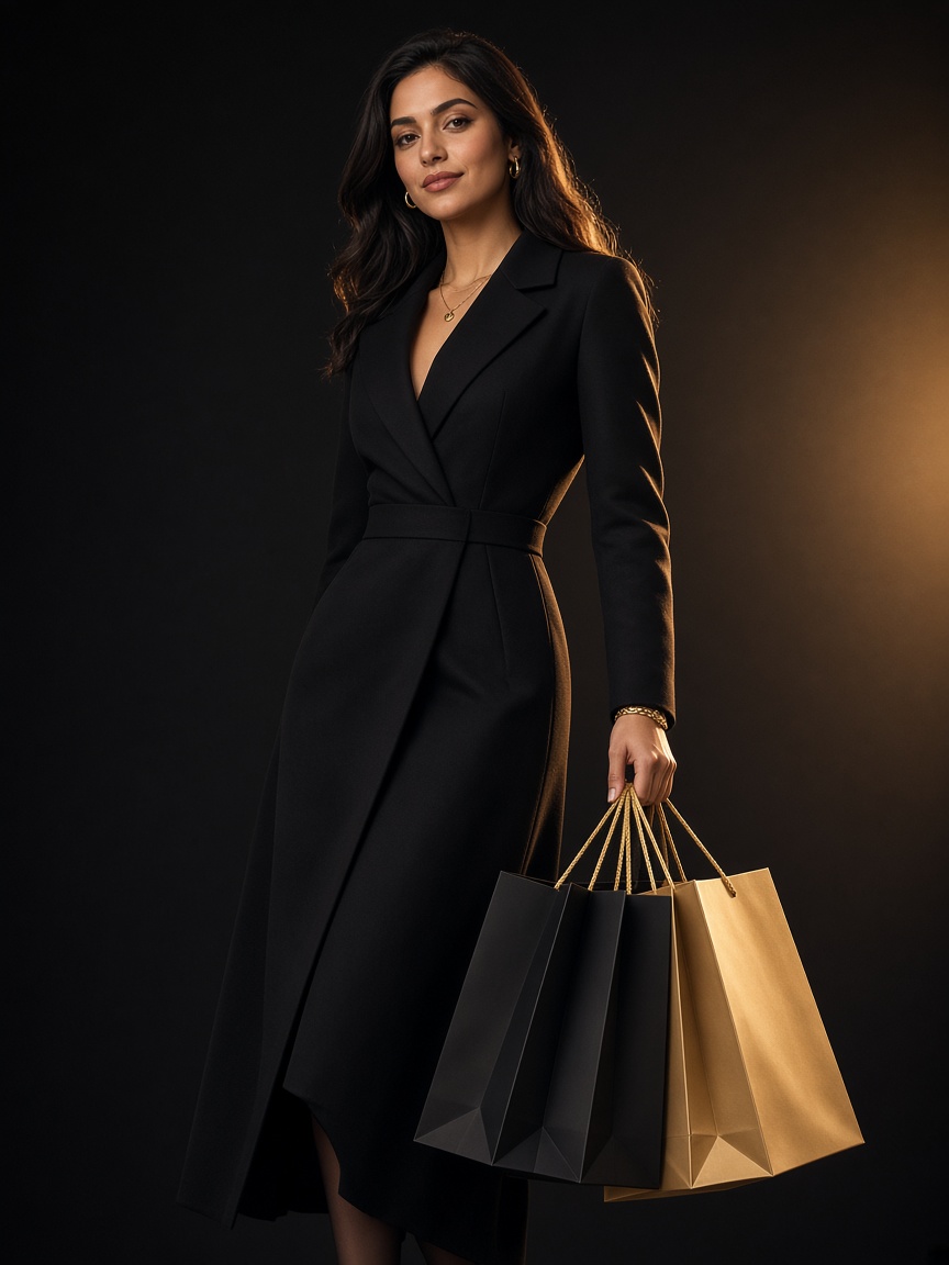 A young woman in a black coat holding black and gold shopping bags